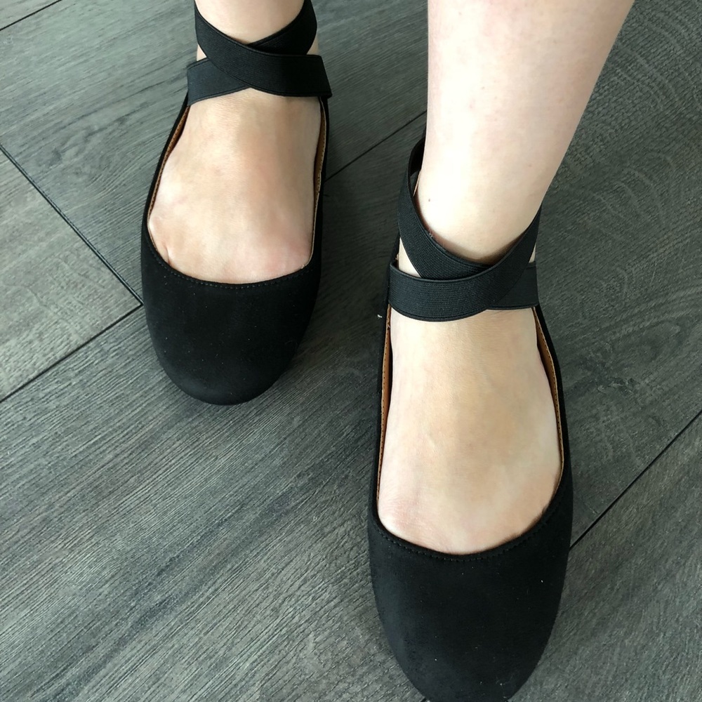 Black Vegan Suede Ballet Wrap Ankle Slip on Flats - Picture 6 of 8